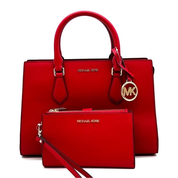 Michael Kors Sheila Medium Center Zip Satchel Bag & Large Double Zip Wallet Red - Picture 2 of 16